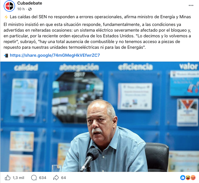 «El cuento de la buena pipa»: cubanos explotan con declaraciones de ministro de Energía tras nuevo colapso del SEN