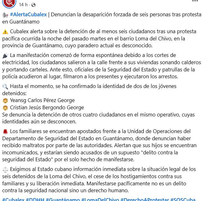 Cubalex alerta sobre detención de al menos seis personas tras protesta contra los apagones en Guantánamo – CiberCuba