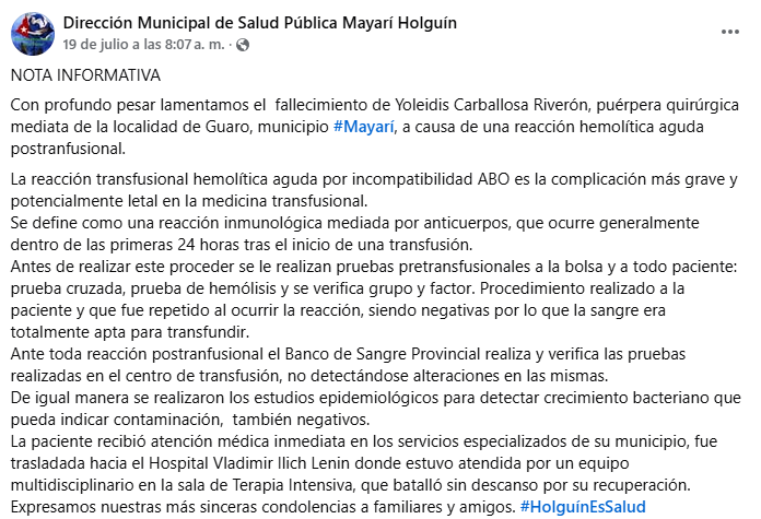 Muere joven madre tras una transfusión de sangre en hospital de Mayarí y el caso desata reclamos de justicia