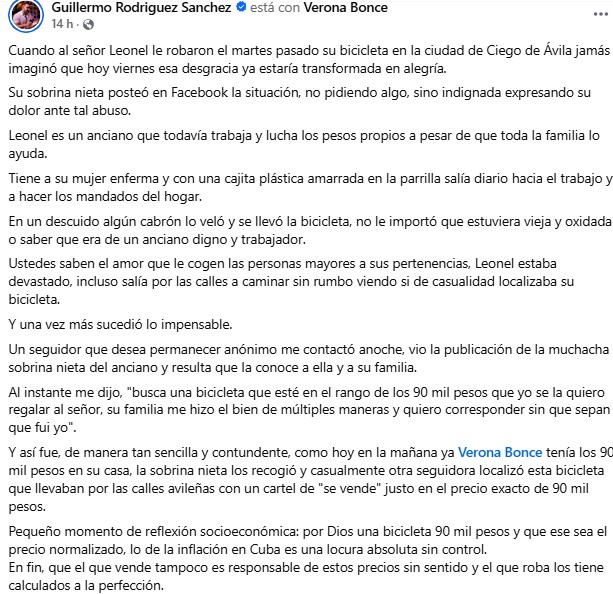 Regalan bicicleta y dinero a abuelo cubano víctima de un robo en Ciego de Ávila