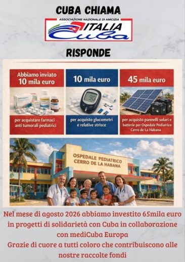 Asociación Italia-Cuba destina 65 000 euros a proyectos de salud y energía en apoyo al pueblo cubano