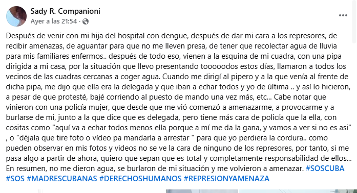Madre cubana denuncia que la dejaron sin agua y amenazaron con arrestarla – CiberCuba