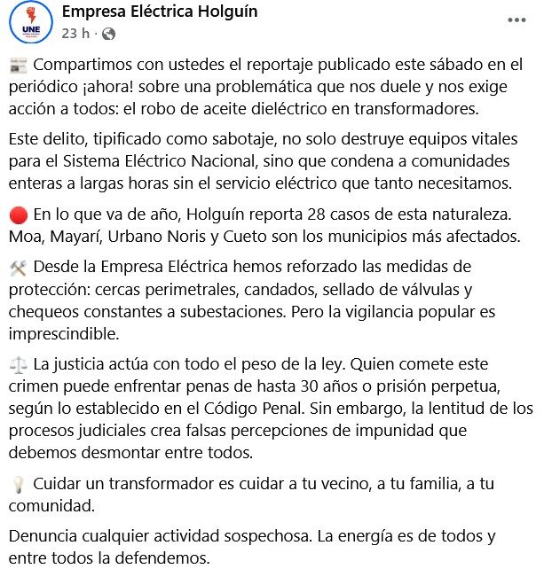Holguín alerta sobre una “epidemia” de robos de aceite en transformadores con 28 casos este año