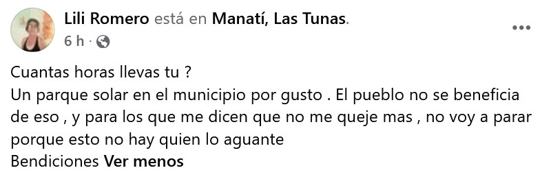 Denuncia ciudadana revela apagones de más de 24 horas continuas en Manatí, Las Tunas