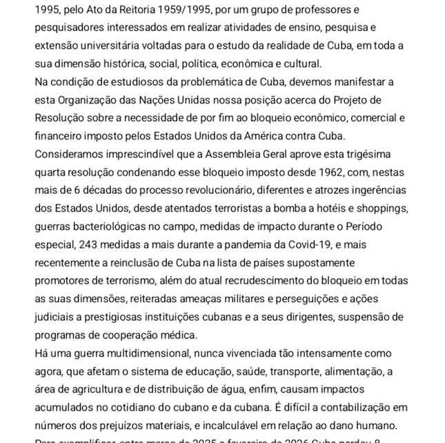 Núcleo brasileño de estudios cubanos reclama fin de bloqueo de EEUU
