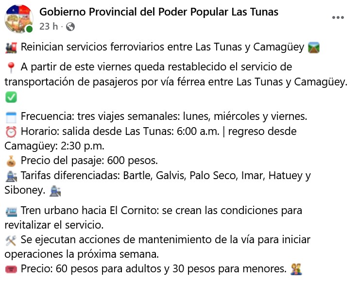 Regresa el tren entre Las Tunas y Camagüey, pero solo tres veces por semana y a 600 CUP